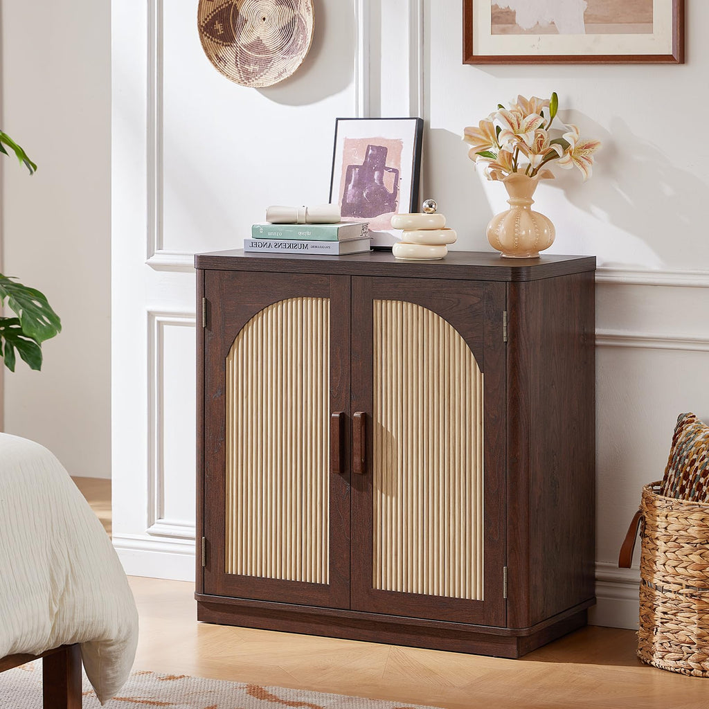 LEYAOYAO Fluted Buffet Cabinet with Storage, 31.5" Coffee Bar Cabinet with Arch Doors & Adjustable Shelves, Mid Century Modern Sideboard, Wood Credenza for Kitchen, Living Room, Natural