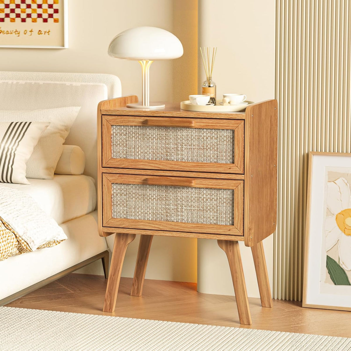 Lerliuo Rattan Nightstands Set of 2 for Bedroom, 2 Drawers