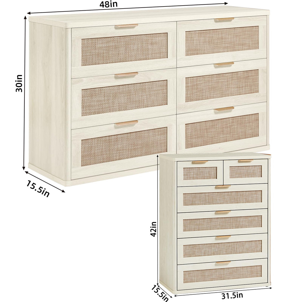 LEYAOYAO Rattan Bedroom Dresser Set of 2, Boho Wood 48" Wide 6 Drawers Dresser for Bedroom and 31.5" Tall 5 Drawers Dressers, Bedrooms Furniture, Dressers & Chests of Drawers, Living Room, Hallway