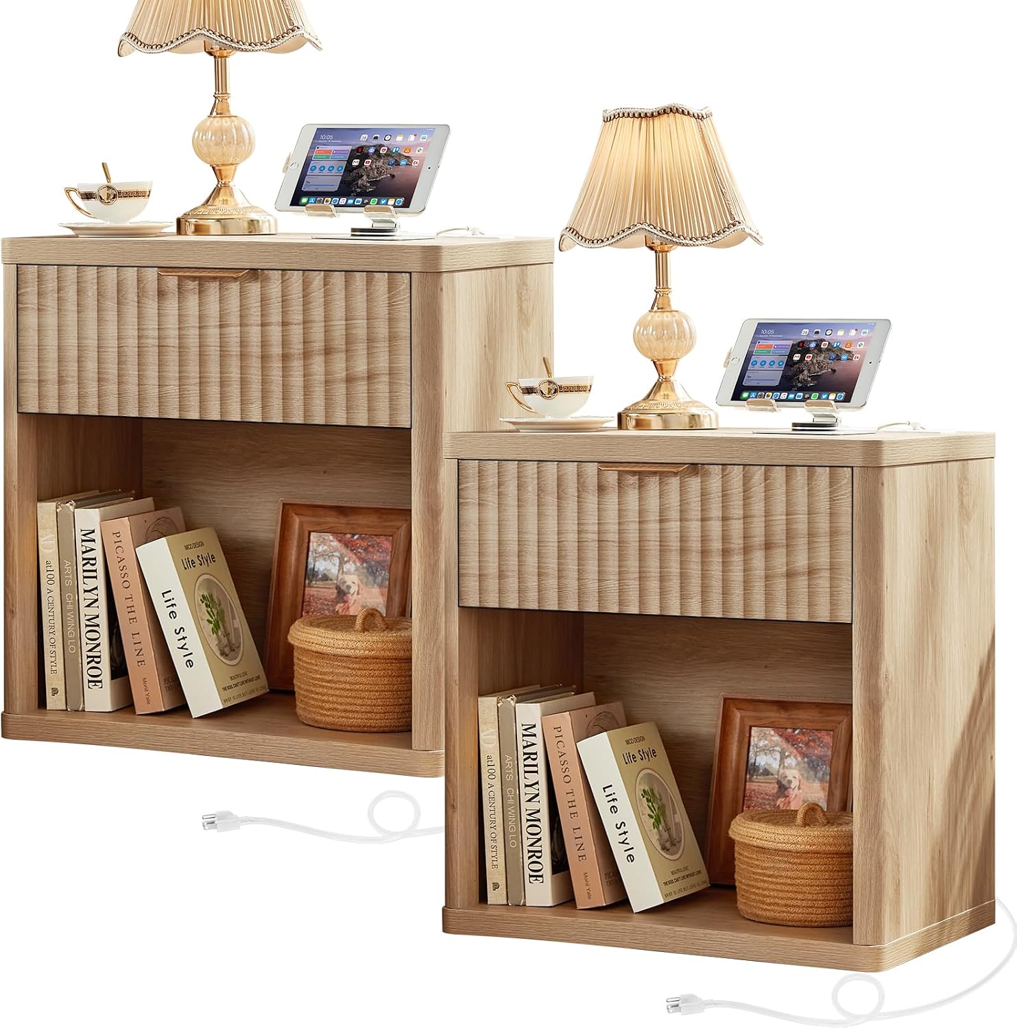 LEYAOYAO 23" Wide Fluted Night Stand with Charging Station, 3 Drawers Large End Table with Storage, Natural Nightstand Wood Bedside Tables, Farmhouse Cabinet Dresser for Bedroom, Closet