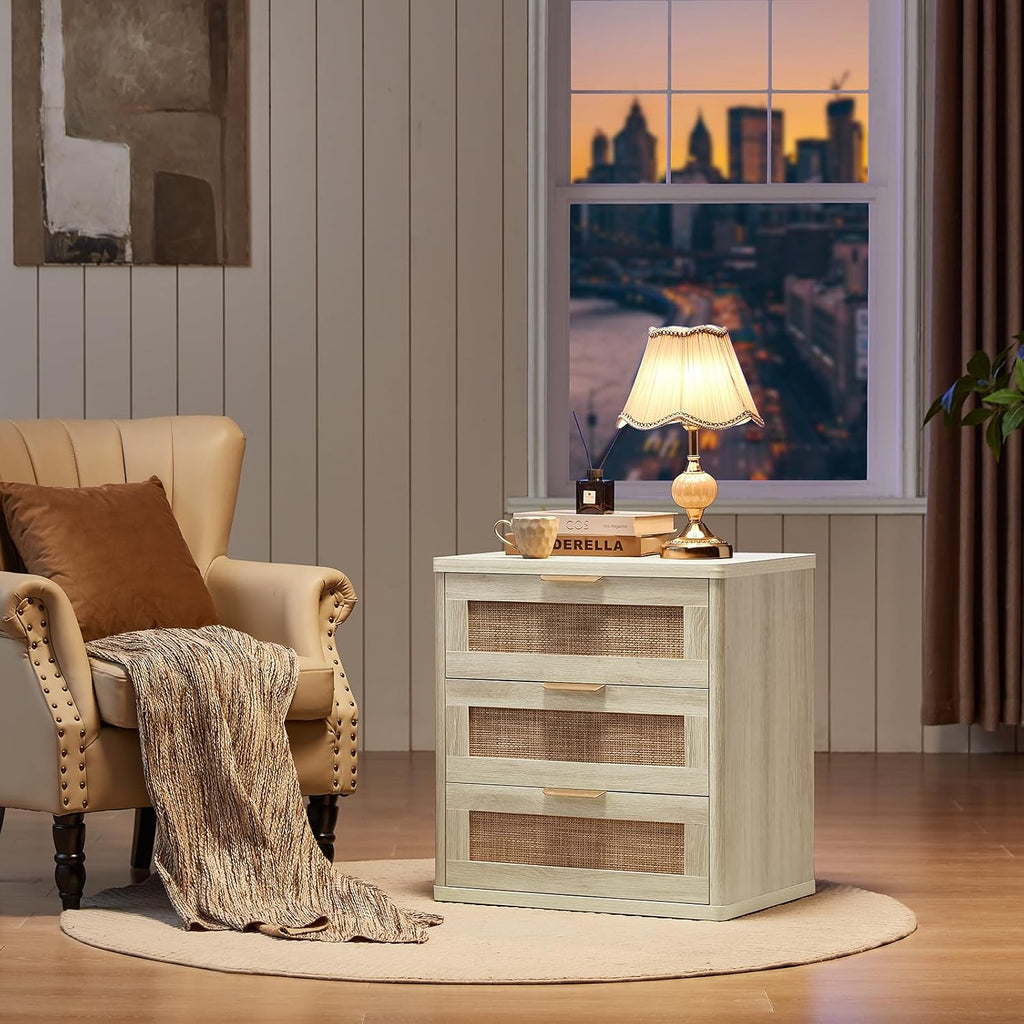 LEYAOYAO Rattan Night Stand Set 2 with Drawers, 23" Large Boho Nightstand, 3 Drawer Grey White Bedside Table Storage Cabinet, Bed Side End Tables Chest of Drawers, Living Room, Hallway, Closet