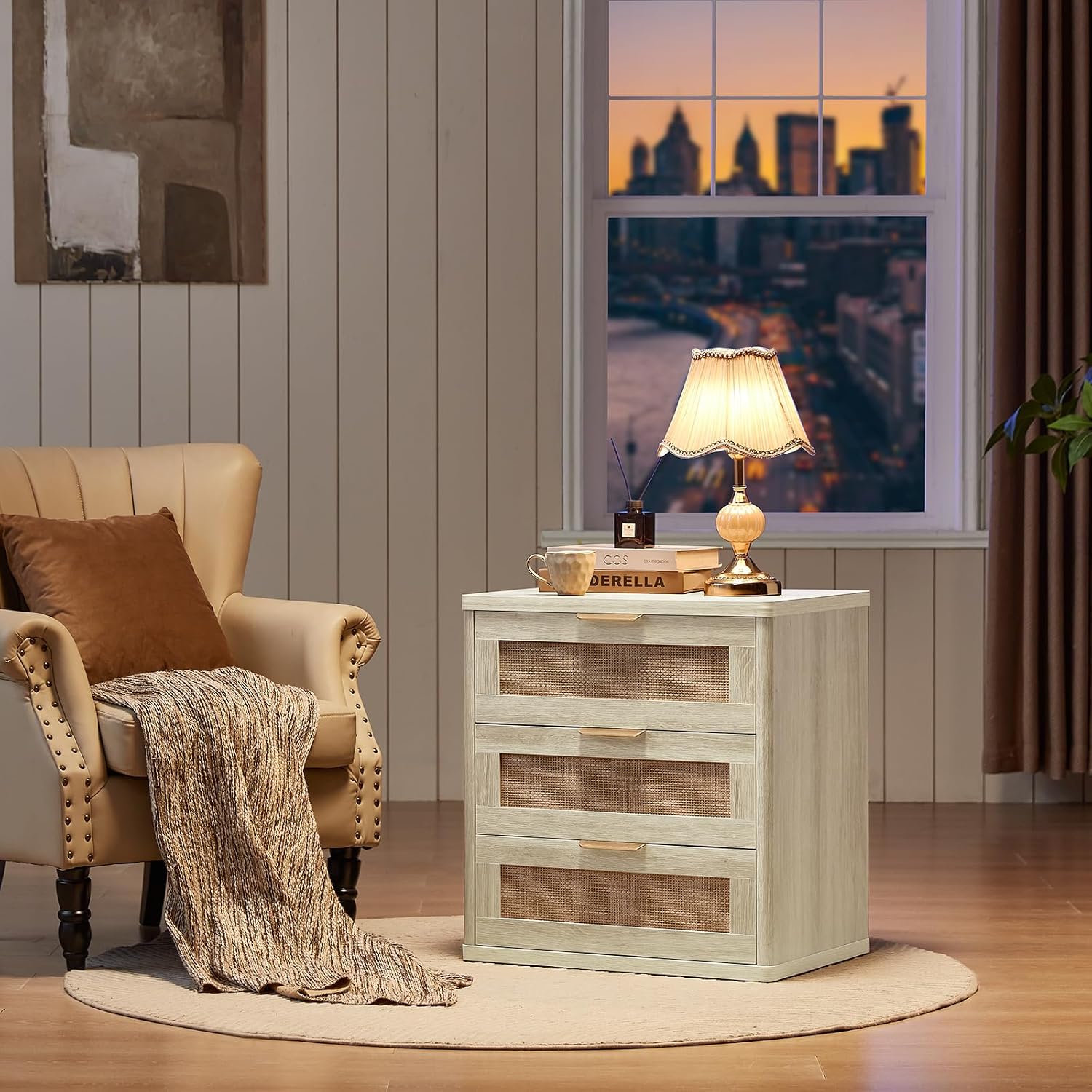 LEYAOYAO Rattan Night Stand Set 2 with Drawers, 23" Large Boho Nightstand, 3 Drawer Grey White Bedside Table Storage Cabinet, Bed Side End Tables Chest of Drawers, Living Room, Hallway, Closet