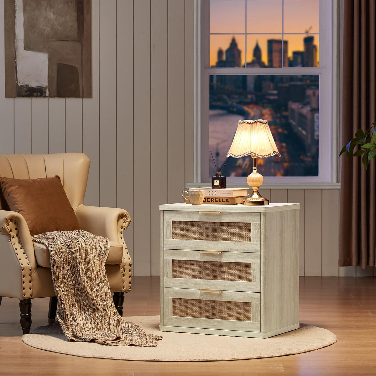LEYAOYAO Rattan Nightstand Set of 2 with Charging Station, 1 & 2 Drawers Boho Night Stand Dresser for Bedroom, Natural Wood Bedside Table Open Storage Cabinet, Bed Side End Tables, Living Room,Hallway