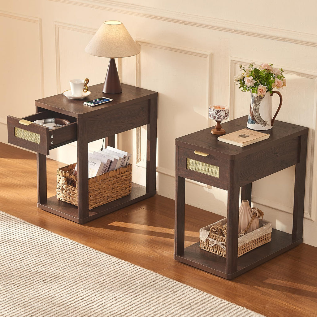 LEYAOYAO Narrow Side Table with Charging Station, Rattan 24 x 14''