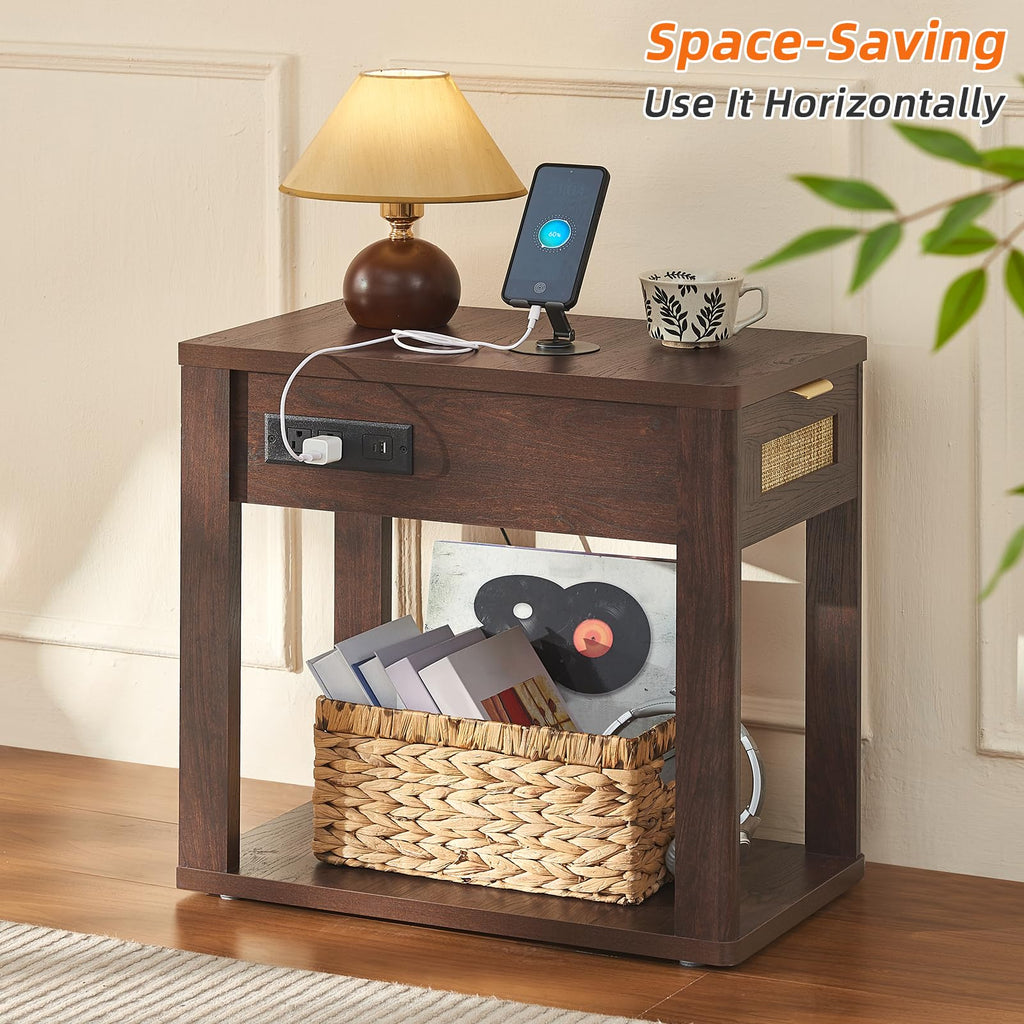 LEYAOYAO Narrow Side Table with Charging Station, Rattan 24 x 14''