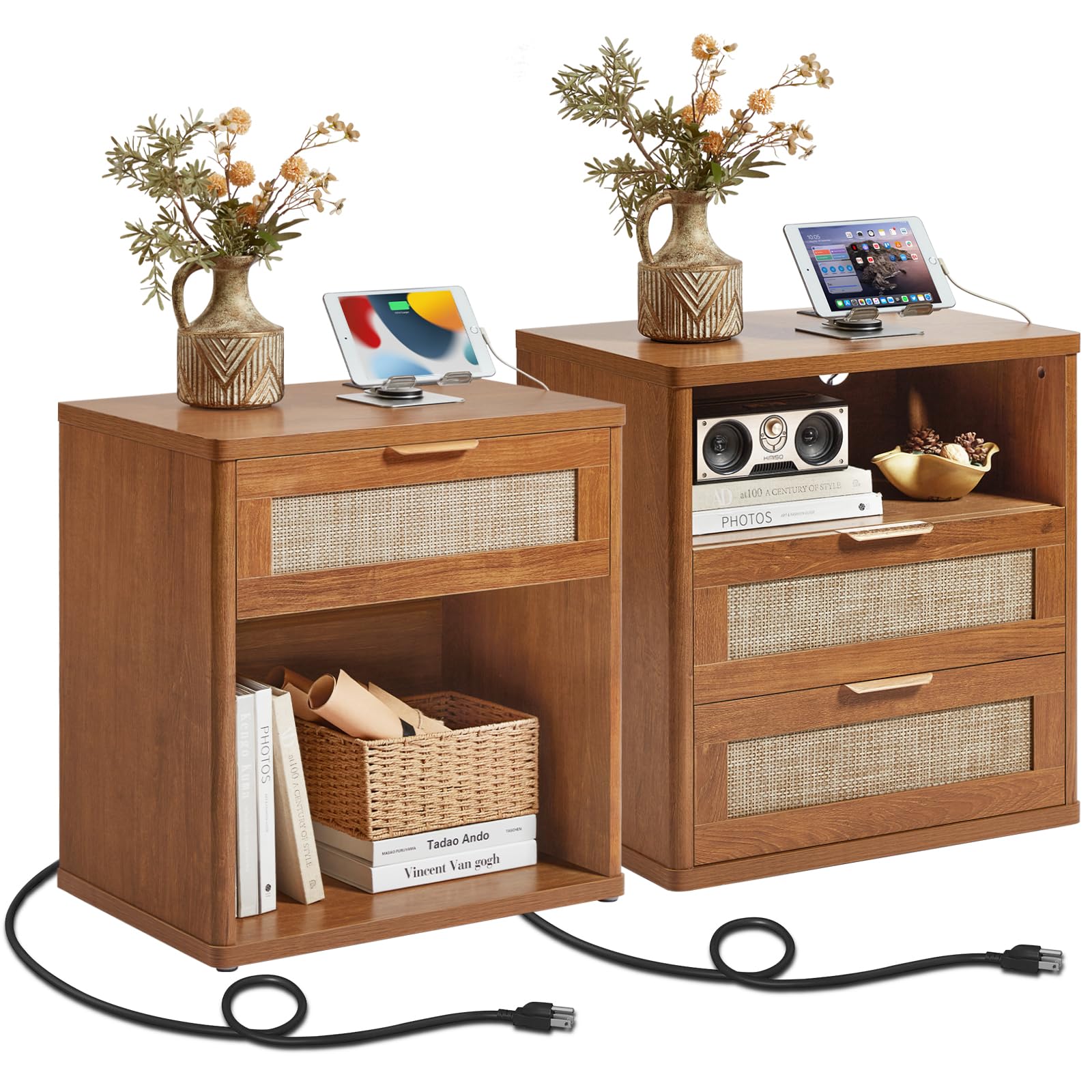 LEYAOYAO Rattan Nightstand Set of 2 with Charging Station, 1 & 2 Drawers Boho Night Stand Dresser for Bedroom, Natural Wood Bedside Table Open Storage Cabinet, Bed Side End Tables, Living Room,Hallway