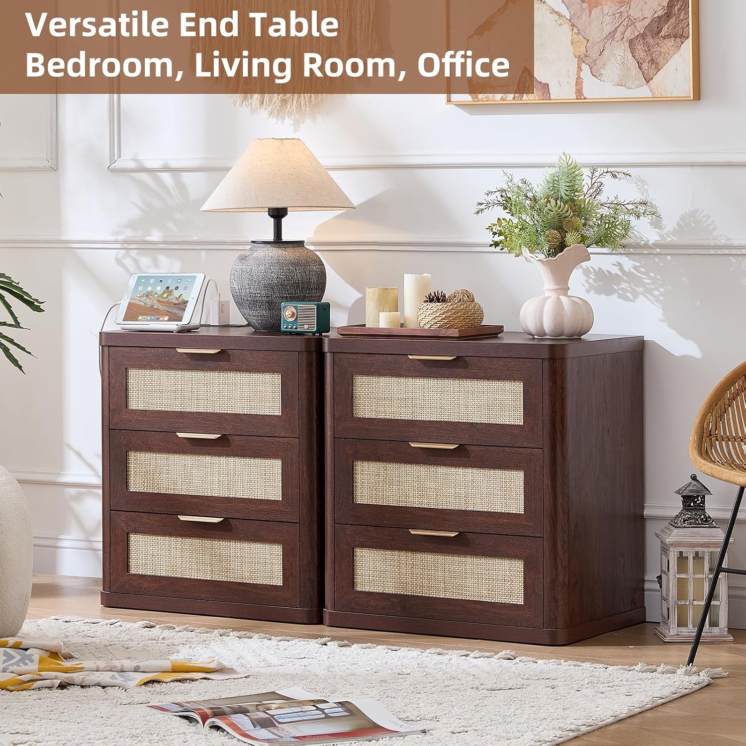 LEYAOYAO Rattan 23" Nightstands with Charger Station 2 Drawers