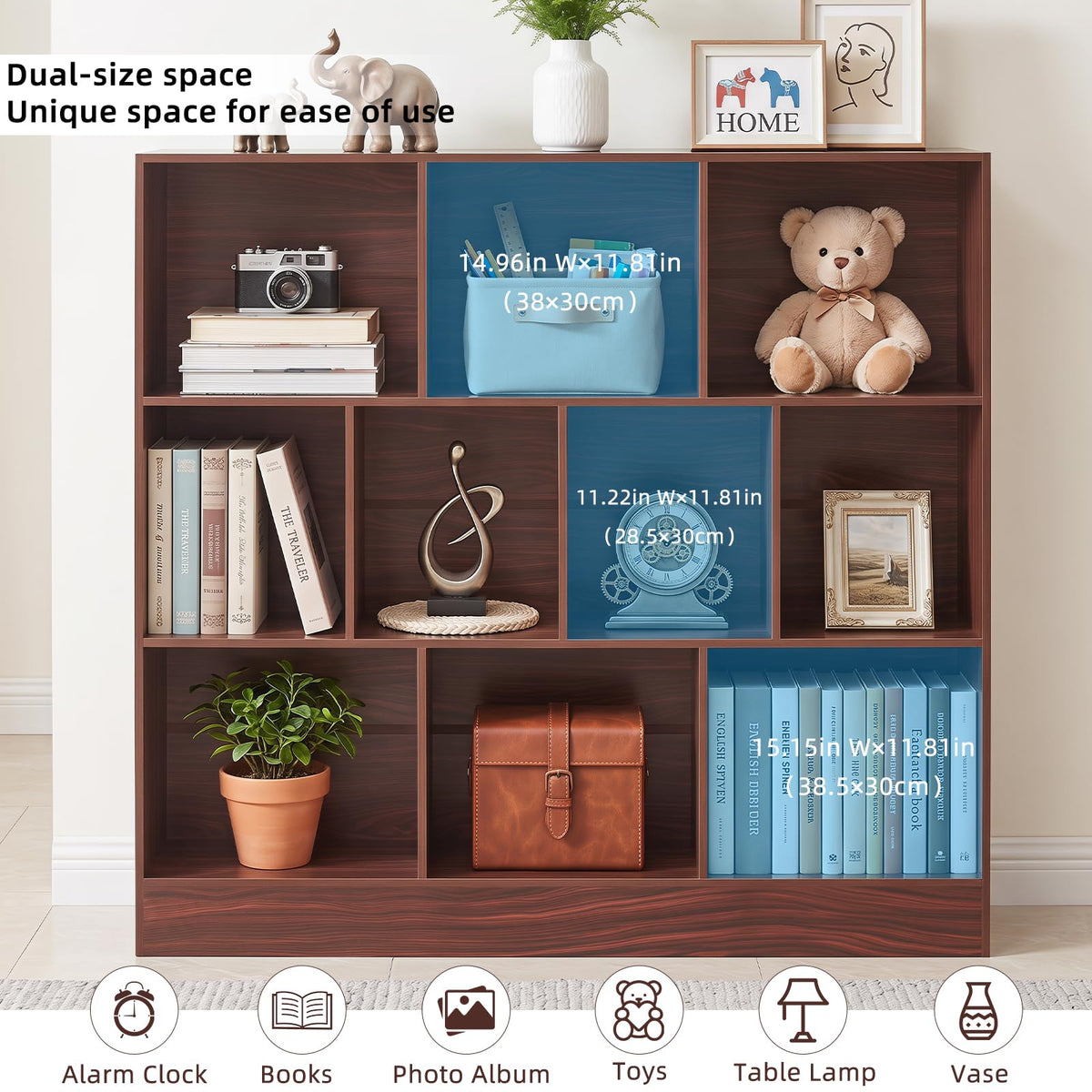LEYAOYAO 7 Cube Bookshelf with Base,3 Tier Mid-Century Modern Blue Bookcase,Standing Wide Bookshelves Storage Organizer Shelf,Rustic Wood Display Cabinet Book Shelves for Bedroom,Living Room,Office