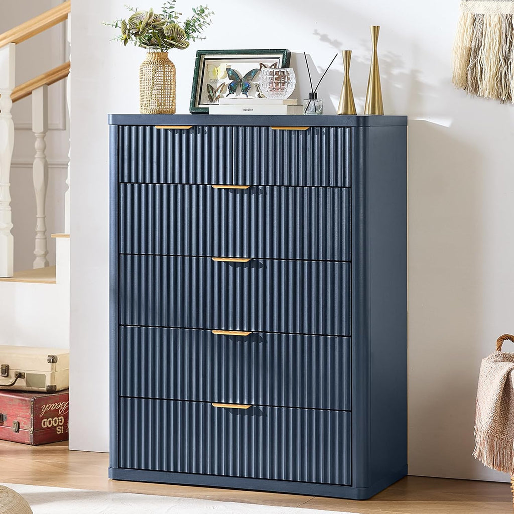 LEYAOYAO Fluted 6 Drawers Dresser for Bedroom Set of 2, 42" Tall Modern Chest of Drawers with Metal Handle, Curved Profile Design,Wood Drawer Organizer for Bedroom, Living Room, Hallway,Blue