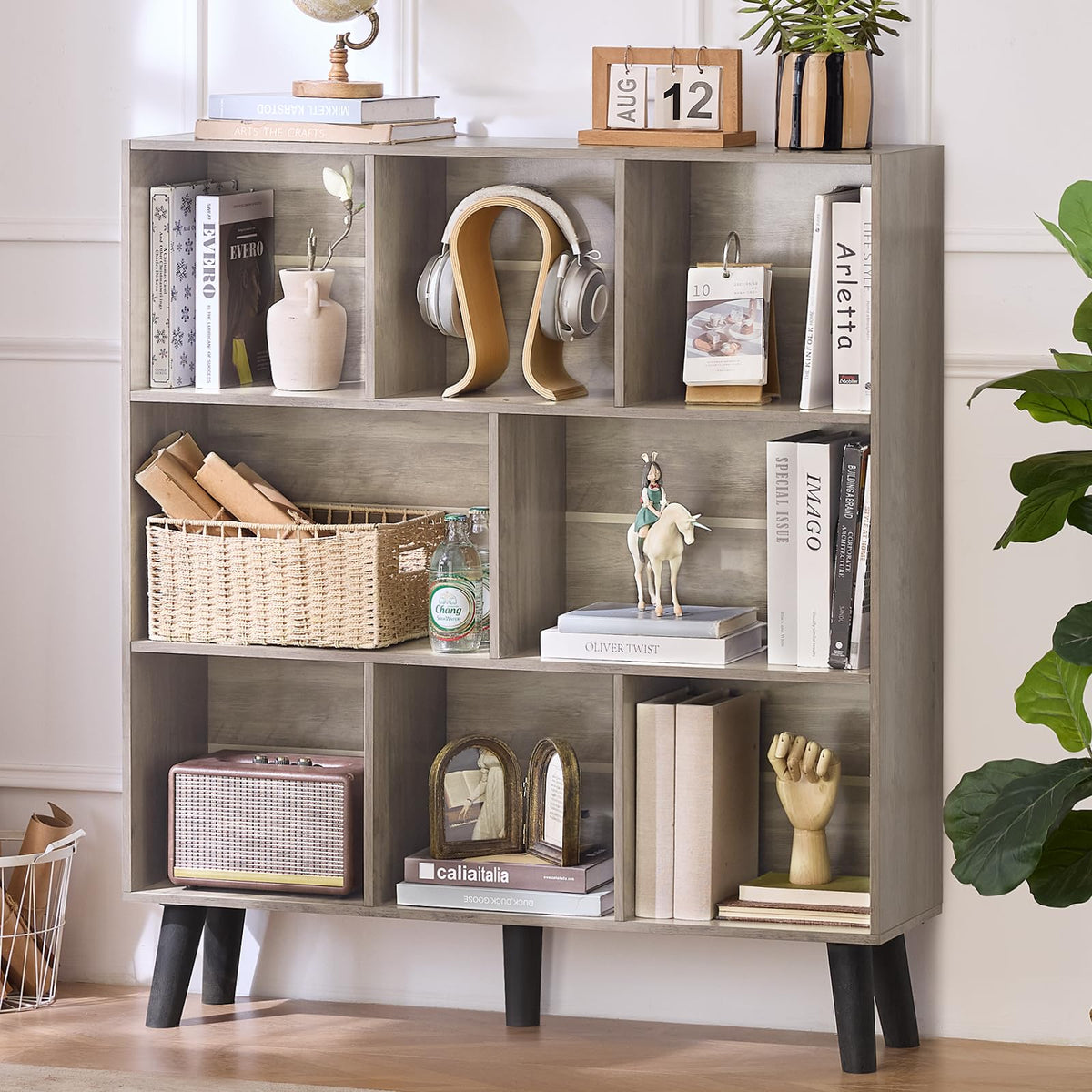 LEYAOYAO Cube Bookshelf, Mid-Century Modern Book Shelf with Legs, Brown