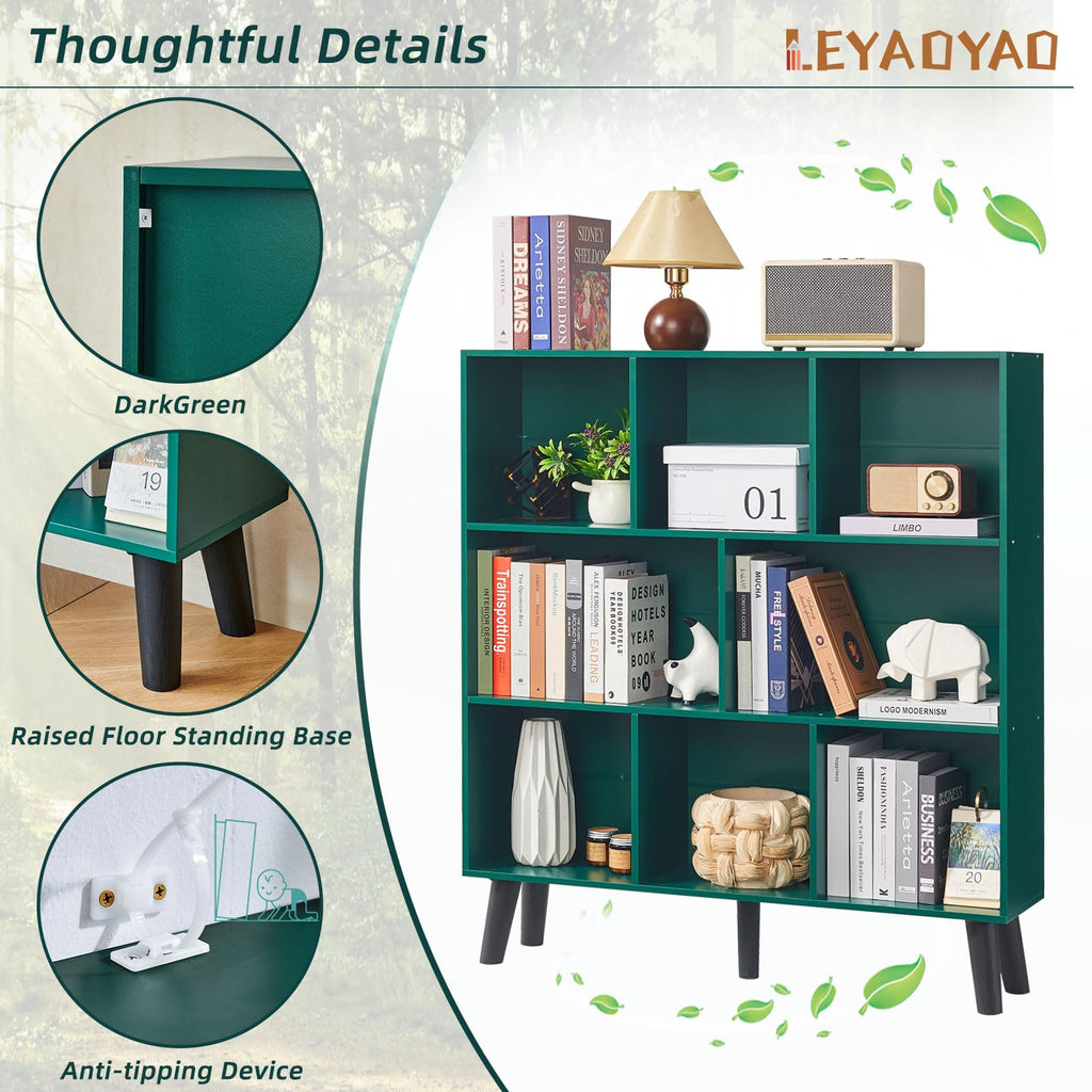 LEYAOYAO 7 Cube Bookshelf, Mid-Century Modern Bookcase Legs,Black Wooden Book Shelves, Wood 3-Tier Freestanding Storage Organizer Display Shelf for Bedroom,Living Room,Office