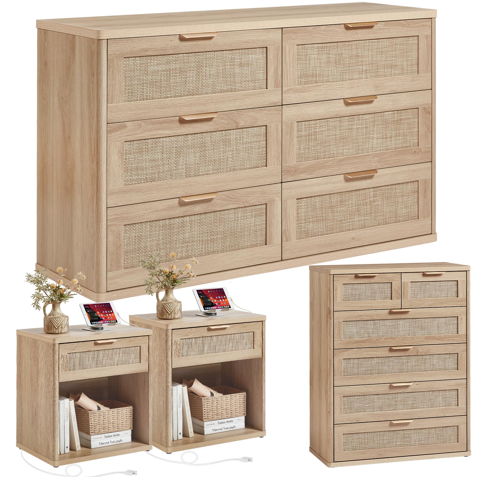 LEYAOYAO Rattan Dresser and Nightstand Sets 4 Piece, Natural