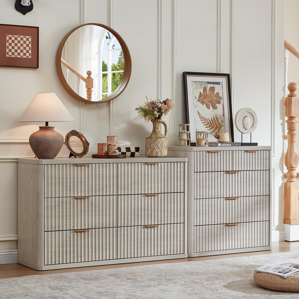 LEYAOYAO Fluted 6 Drawers Dresser for Bedroom Set of 2, 42" Tall Modern Chest of Drawer with Metal Handle, Curved Profile Design,Brown Wood Drawer Organizer for Bedroom, Living Room, Hallway