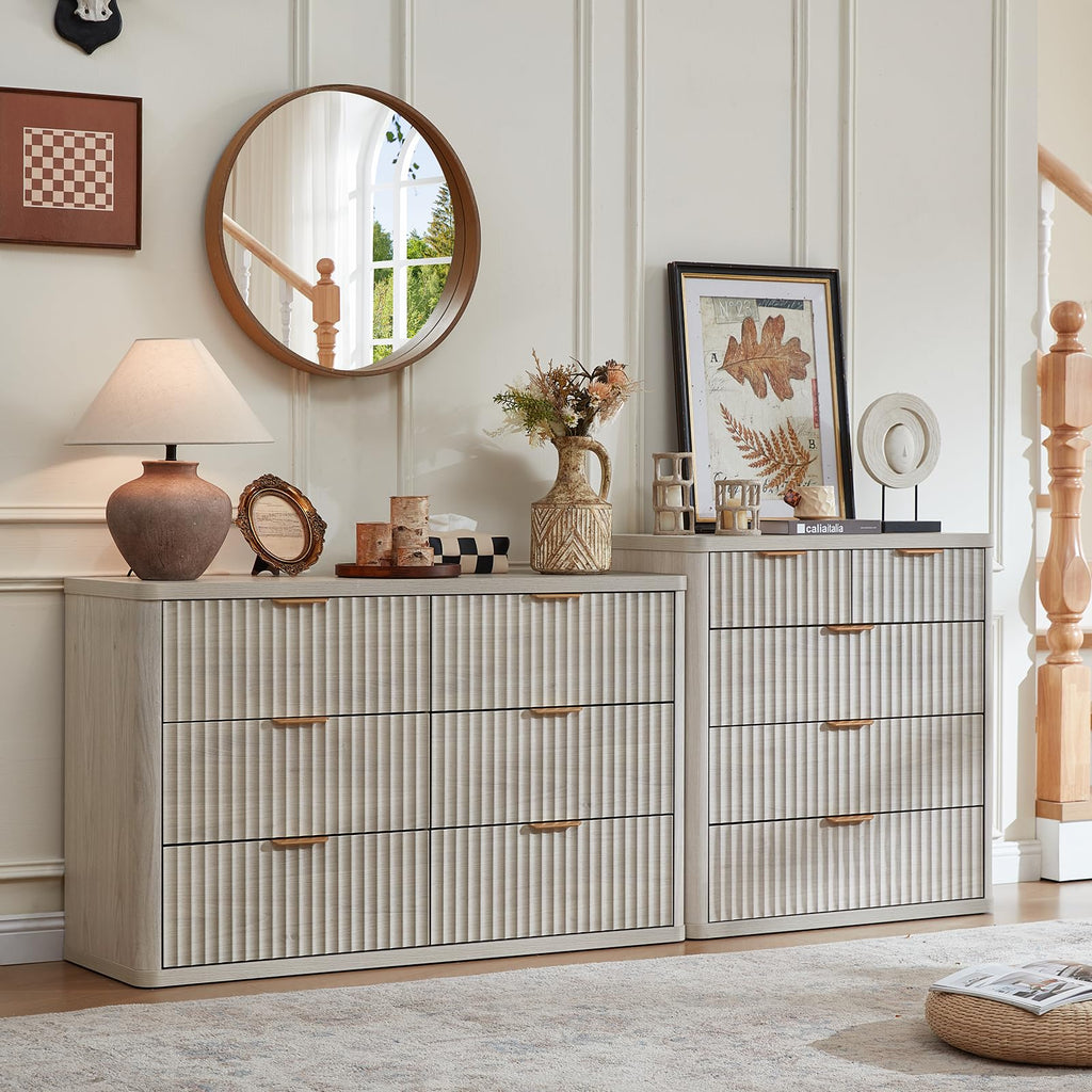 LEYAOYAO Fluted 6 Drawers Dresser for Bedroom Set of 2, 42" Tall Modern Chest of Drawer with Metal Handle, Curved Profile Design,Brown Wood Drawer Organizer for Bedroom, Living Room, Hallway