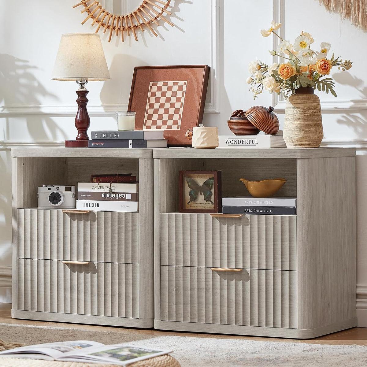LEYAOYAO 23" Wide Fluted Night Stand with Charging Station, 3 Drawers Large End Table with Storage, Natural Nightstand Wood Bedside Tables, Farmhouse Cabinet Dresser for Bedroom, Closet