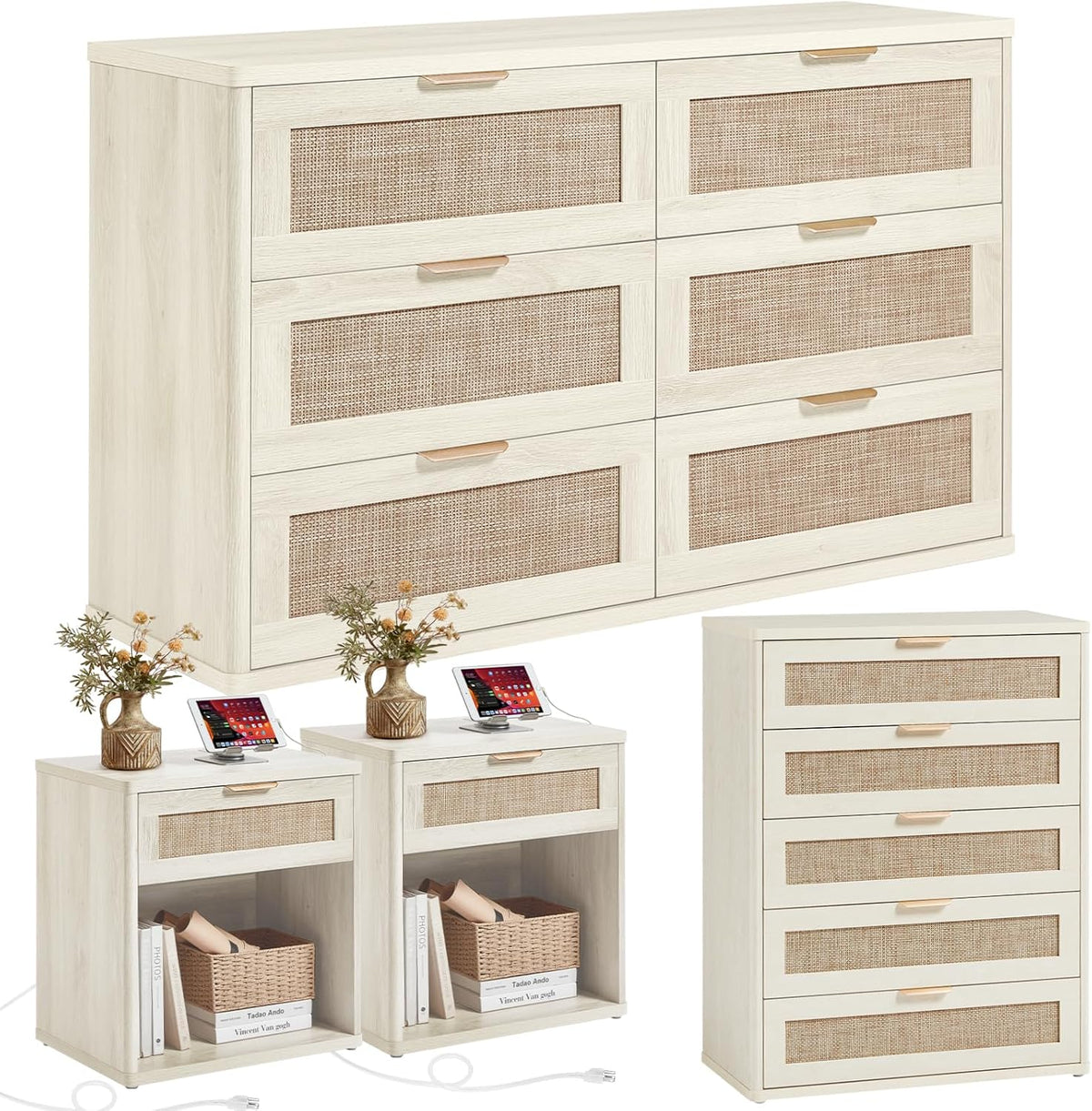 LEYAOYAO Rattan Dresser and Nightstand Sets 4 Piece, Grey White