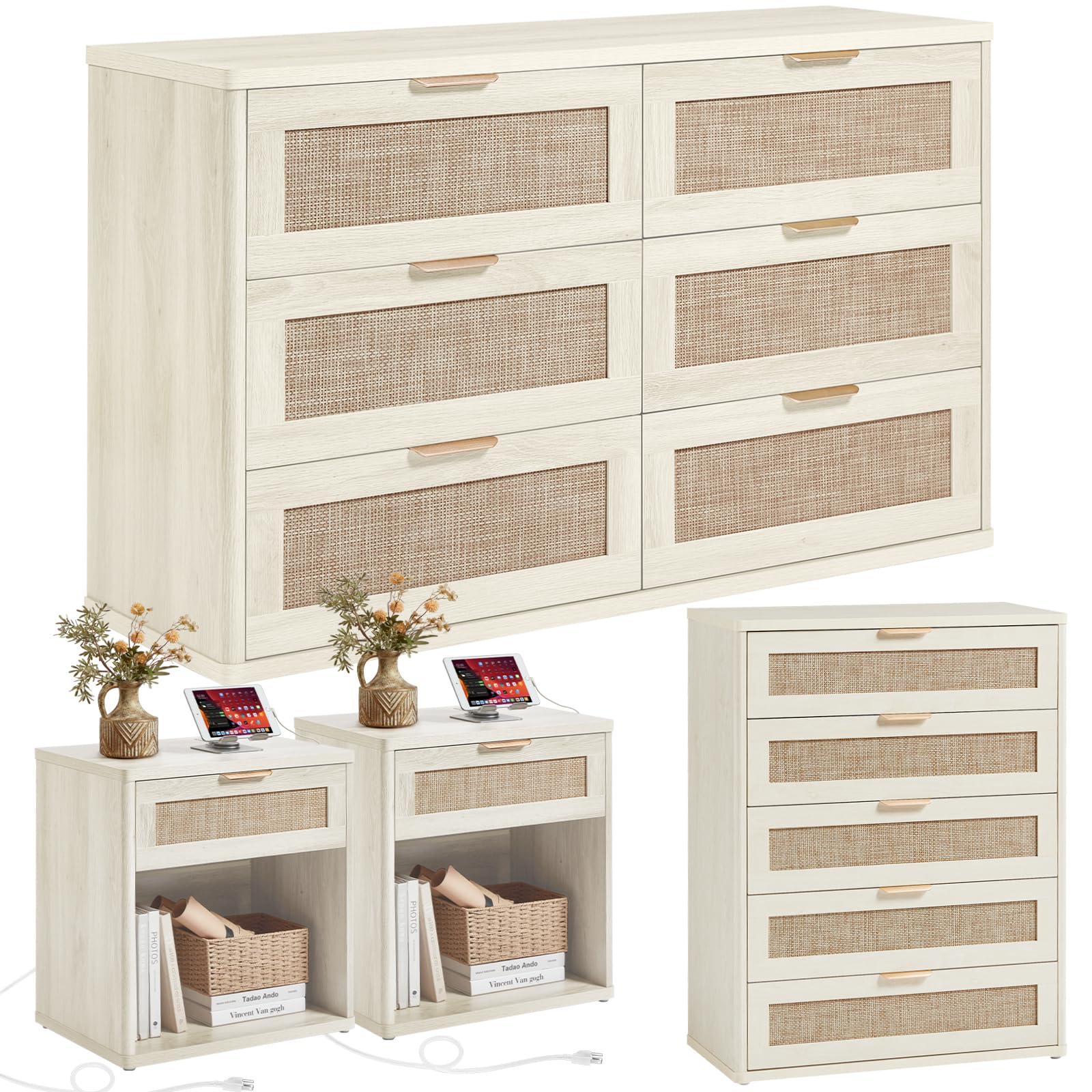 LEYAOYAO Rattan Dresser and Nightstand Sets 4 Piece, Grey White