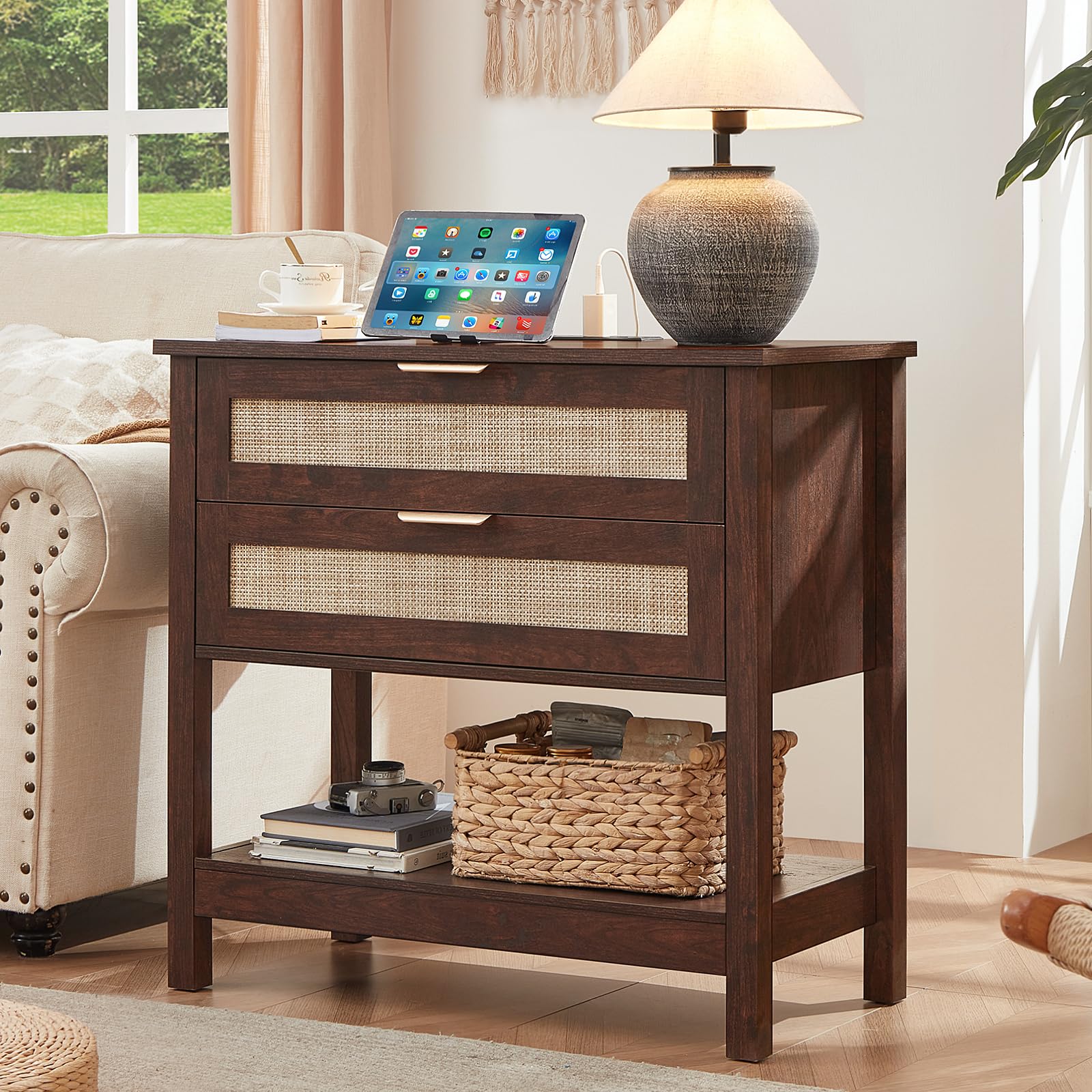 Lerliuo 31.5" Wide Rattan Nightstand,Oversized Large Boho Night Stand with 2 Drawers, 30" Tall Grey White Bedside Table with Storage Shelf, Bed Side End Tables for Bedroom, Living Room, Hallway