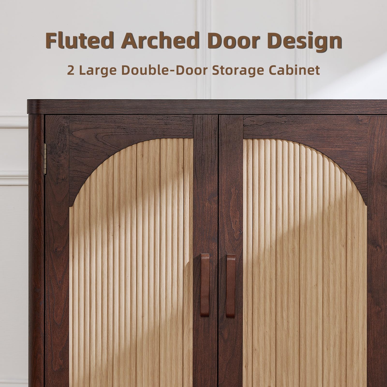 LEYAOYAO Fluted Buffet Cabinet with Storage, 31.5" Coffee Bar Cabinet with Arch Doors & Adjustable Shelves, Mid Century Modern Sideboard, Wood Credenza for Kitchen, Living Room, Natural