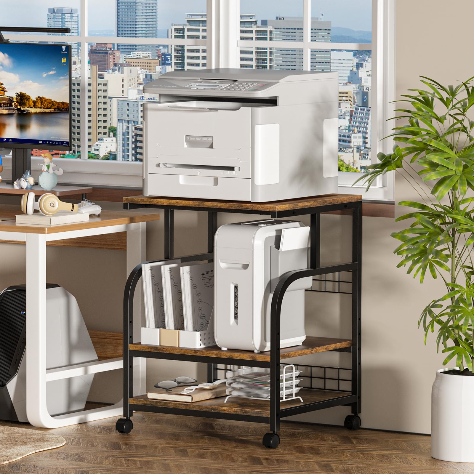 Lerliuo 3 Tier Black Large Printer Stand with Adjustable Storage Shelf