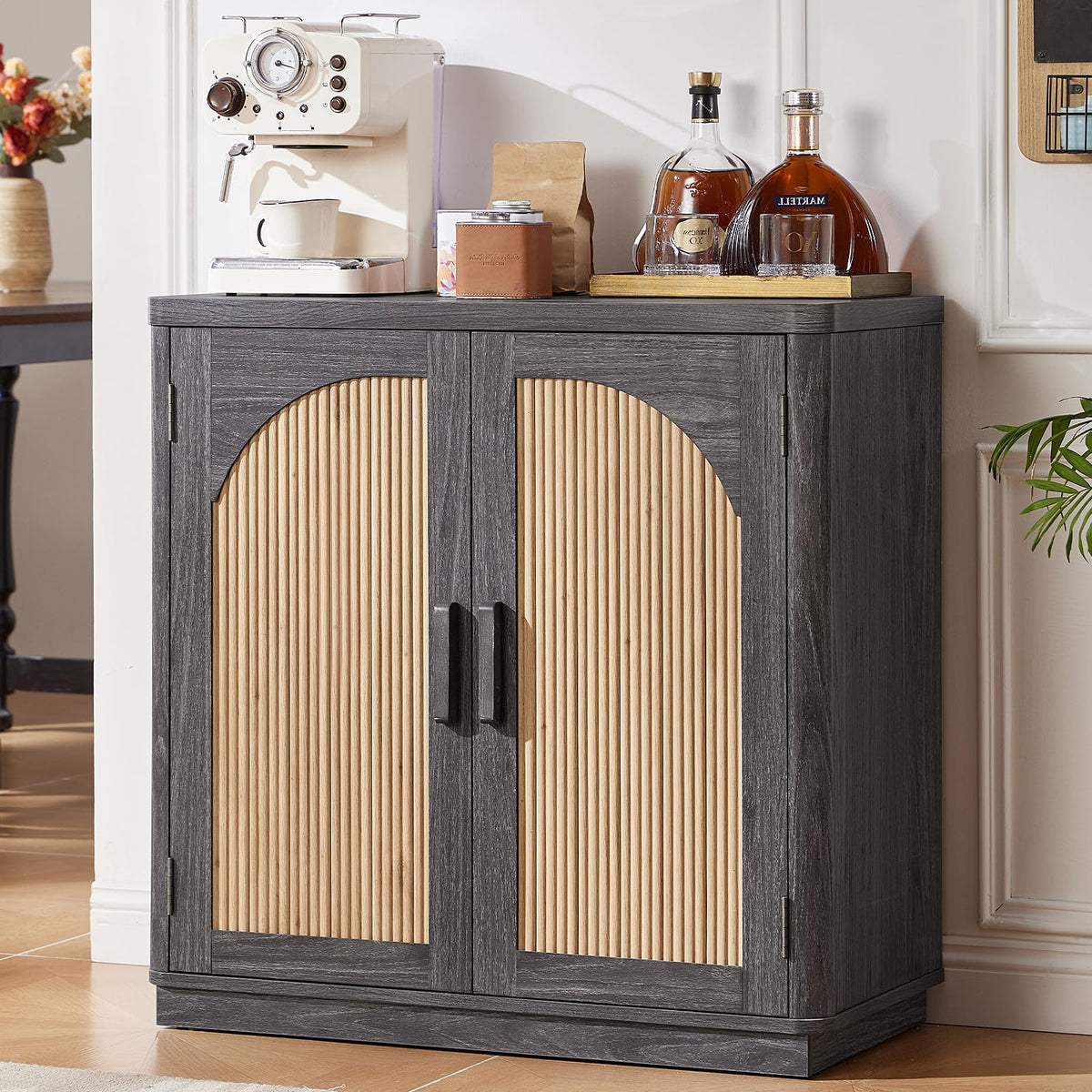 LEYAOYAO Fluted Buffet Cabinet with Storage, 31.5" Coffee Bar Cabinet with Arch Doors & Adjustable Shelves, Mid Century Modern Sideboard, Wood Credenza for Kitchen, Living Room, Natural