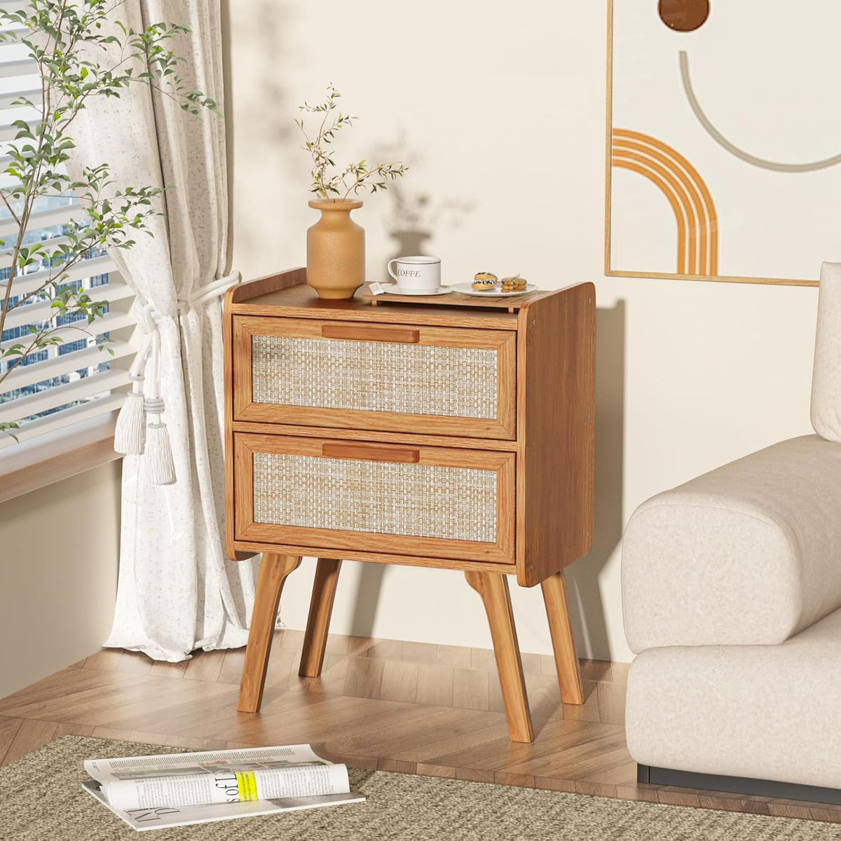 Lerliuo Rattan Nightstands Set of 2 for Bedroom, 2 Drawers