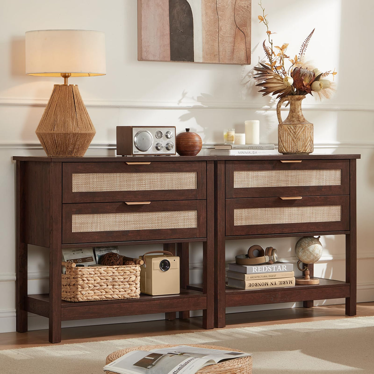 LEYAOYAO 26.8" Wide Rattan Nightstands Set of 2, Large Boho Night Stand