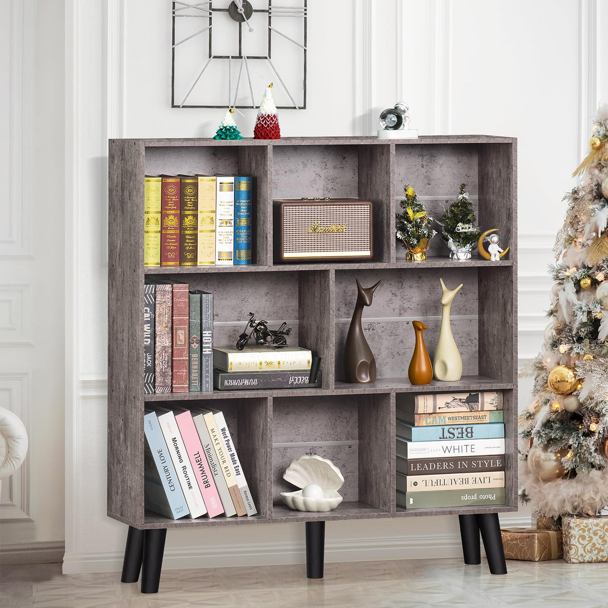 LEYAOYAO Cube Bookshelf, Mid-Century Modern Book Shelf with Legs, Brown