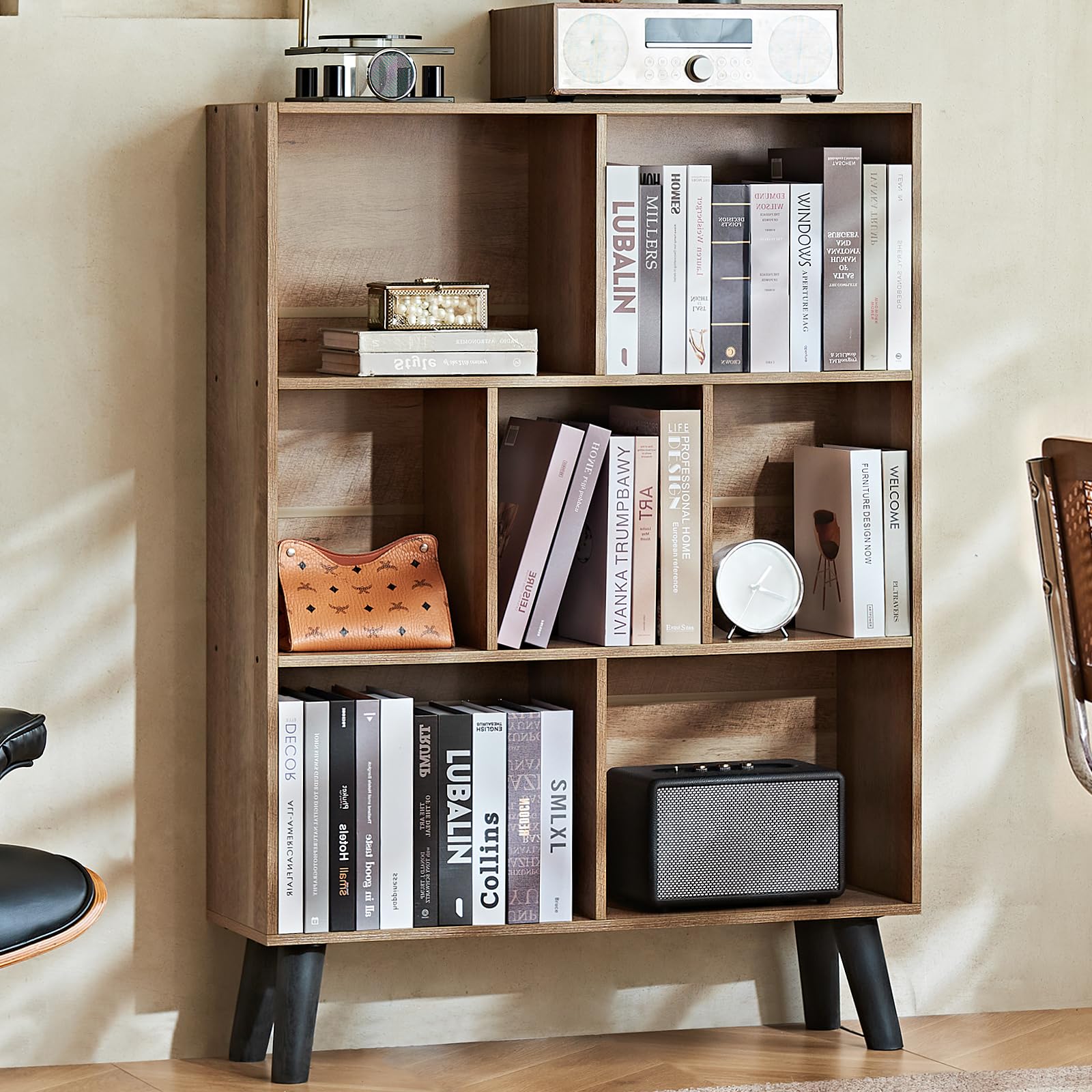 LEYAOYAO 7 Cube Bookshelf, Mid-Century Modern Bookcase Legs,Black Wooden Book Shelves, Wood 3-Tier Freestanding Storage Organizer Display Shelf for Bedroom,Living Room,Office