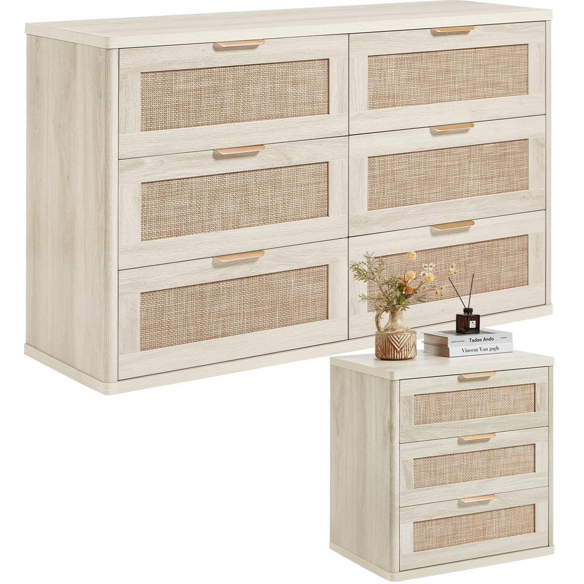 LEYAOYAO Rattan Dresser and Nightstand Sets 3 Piece, Natural