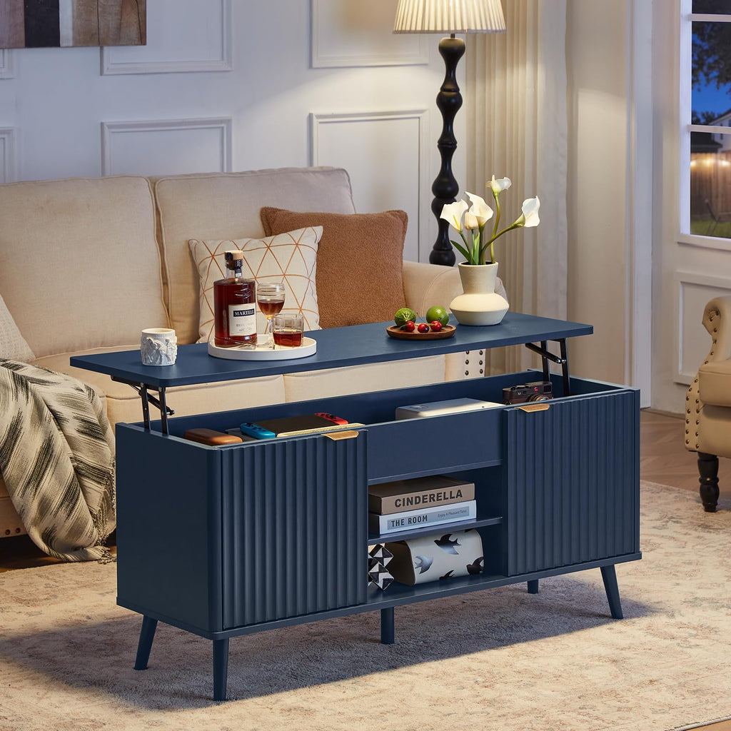 LEYAOYAO Fluted Lift Top Coffee Table and Nightstand Set,Wood 48" Wide Center Tables & 23" Night Stand with 3 Drawers,Farmhouse Living Room Suites for Bedroom Home Living Room Hallway,Blue