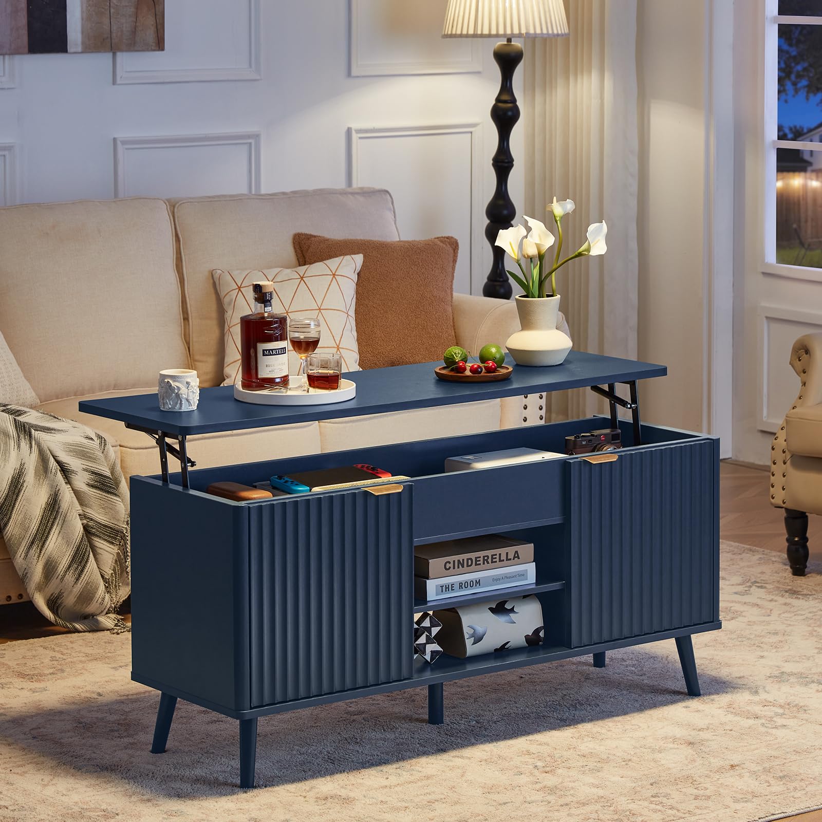 LEYAOYAO Fluted Lift Top Coffee Table and Nightstand Set,Wood 48" Wide Center Tables & 23" Night Stand with 3 Drawers,Farmhouse Living Room Suites for Bedroom Home Living Room Hallway,Blue