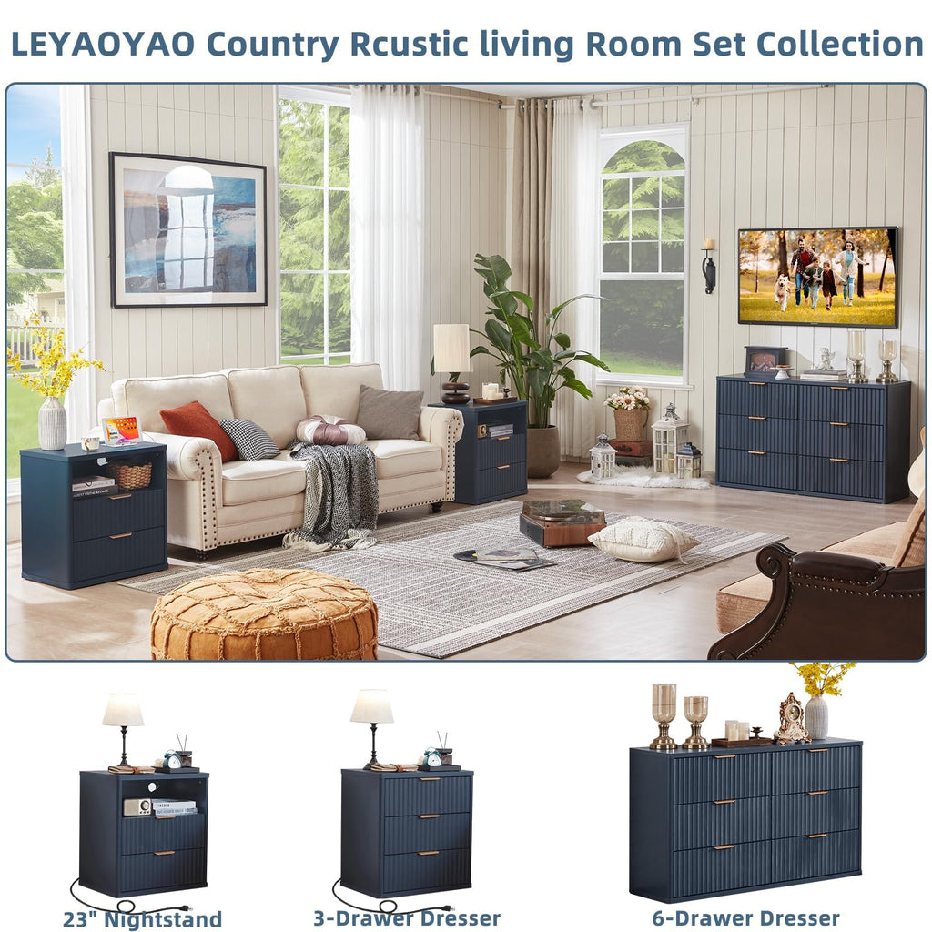 LEYAOYAO Fluted 6 Drawers Dresser for Bedroom Set of 2, 42" Tall Modern Chest of Drawer with Metal Handle, Curved Profile Design,Brown Wood Drawer Organizer for Bedroom, Living Room, Hallway
