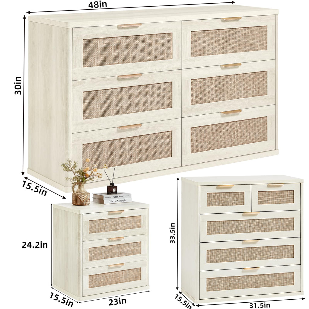 LEYAOYAO Rattan Dresser and Nightstand Sets 4 Piece, Boho Wood Dresser for Bedroom with 6 Drawers and Night Stand with Charging Station, Bedroom Furniture, Dressers & Chests of Drawers, Hallway