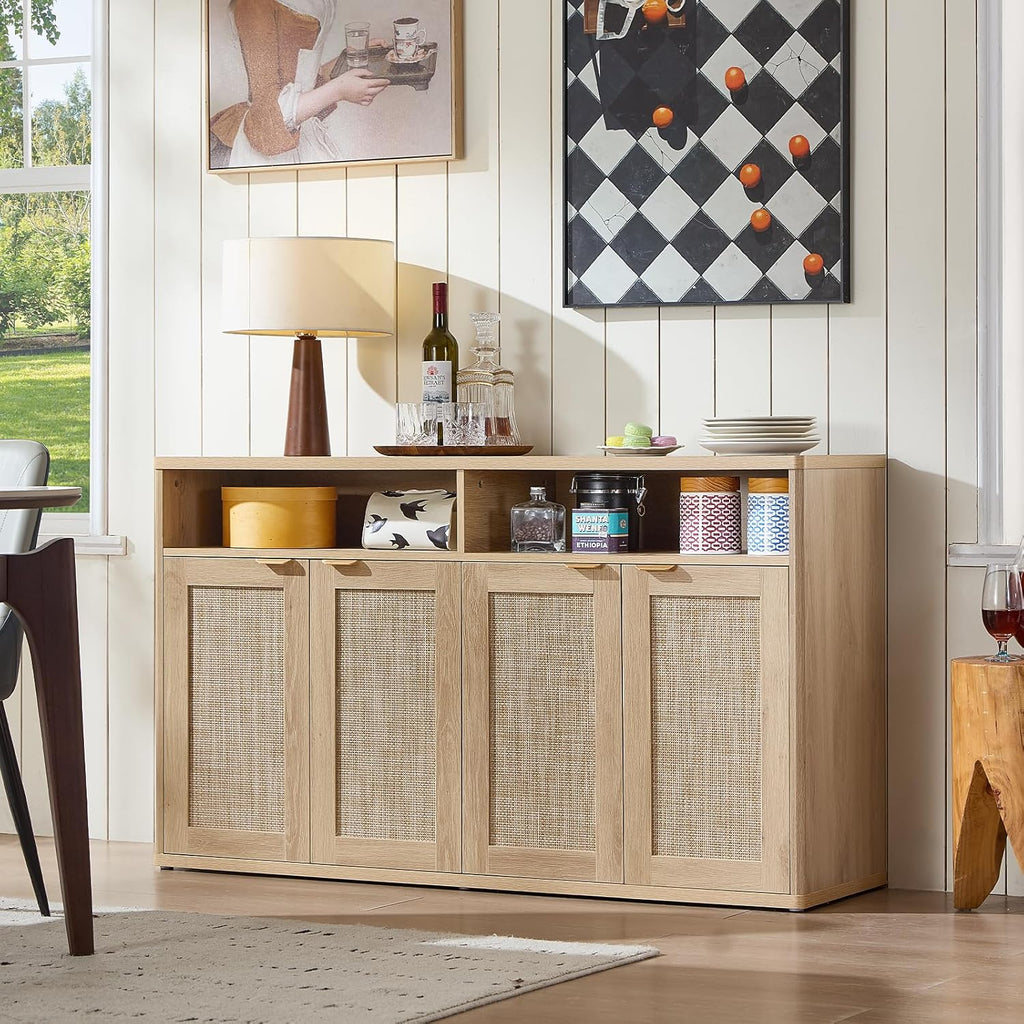 LEYAOYAO Rattan Sideboard Buffet Cabinet,55" Coffee Bar Cabinet with 4 Doors & Open Storage Shelf,Modern Credenza Console Table for Living Room Rattan Farmhouse entryway Natural
