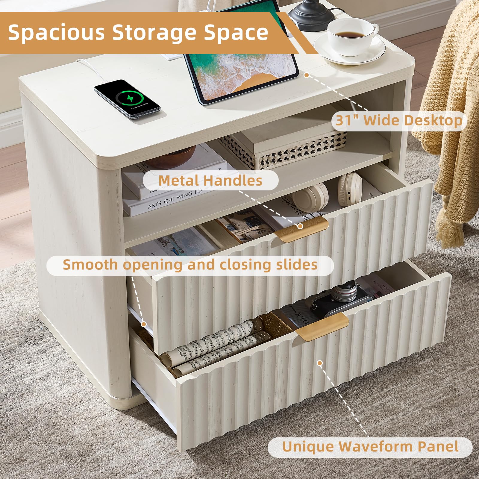 LEYAOYAO 31" Wide Fluted Nightstand with Charging Station, Oversized Extra Large 1 Drawer Night Stand with Golden Handle, Antique White Bedside Table Tall End Tables,for Bedroom, Living Room, Hallway