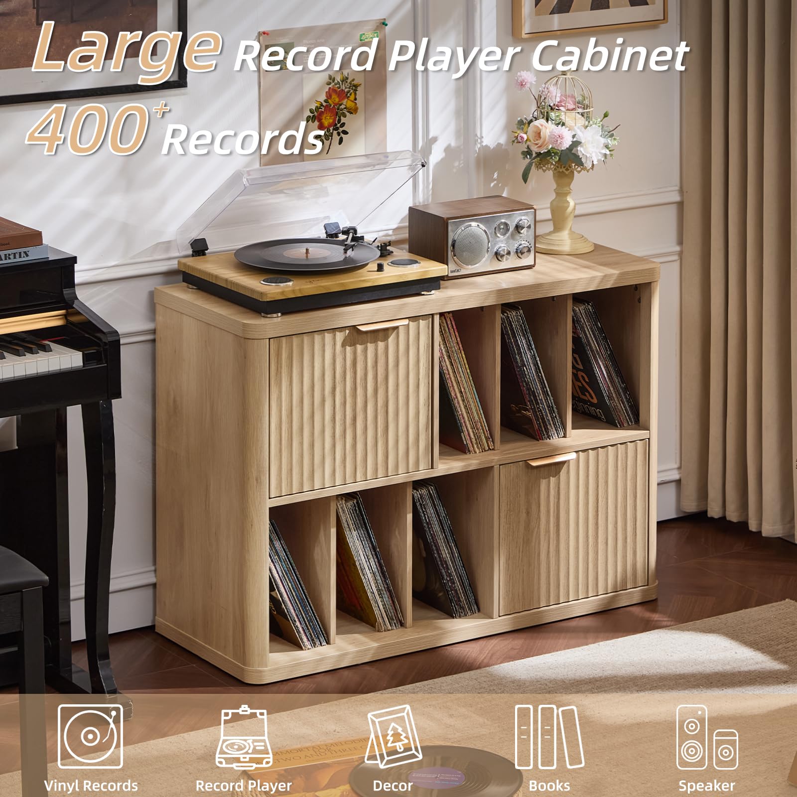 LEYAOYAO Large Record Player Stand with Vinyl Storage Up to 450 Albums, Wood Fluted Record Storage Accent Cabinet, Modern Stereo Media Cabinets, Wide Turntable Stand for Living Room, Antique White