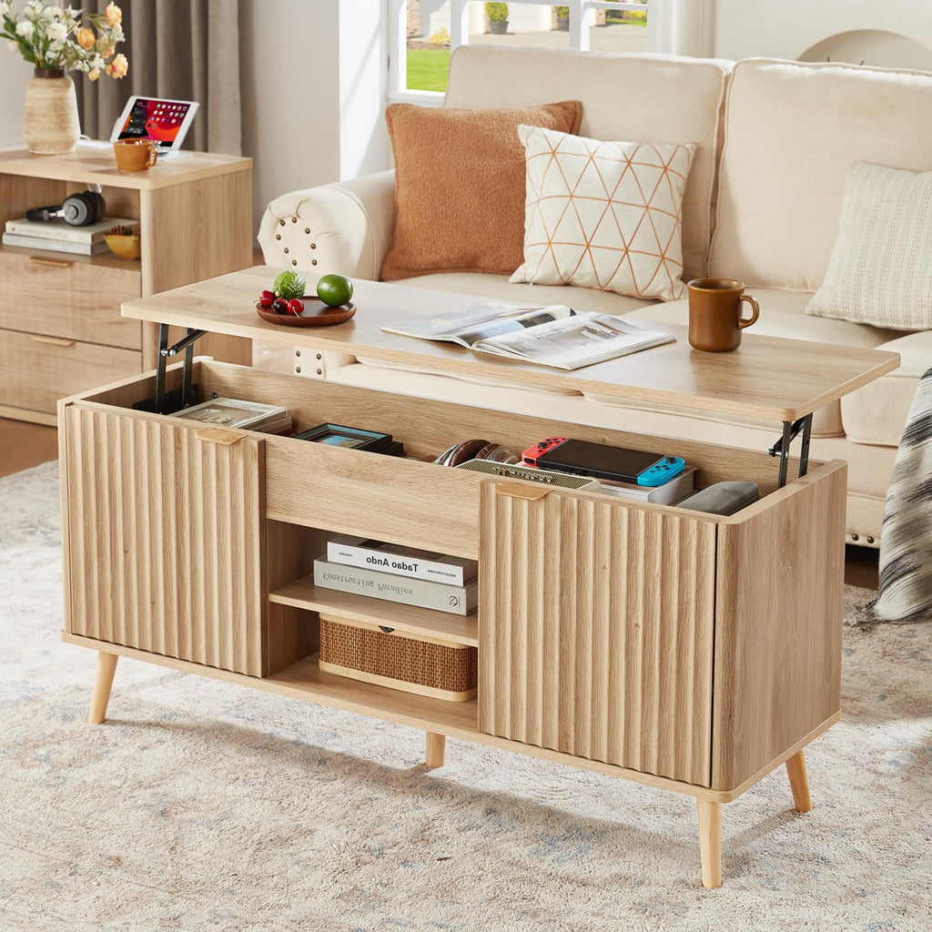 LEYAOYAO Fluted Lift Top Coffee Table and Night Stand Set,Wood 48" Wide Center Tables & 23" with Charging Station Chest of Drawers,Farmhouse Living Room Suites for Bedroom Home,Brown