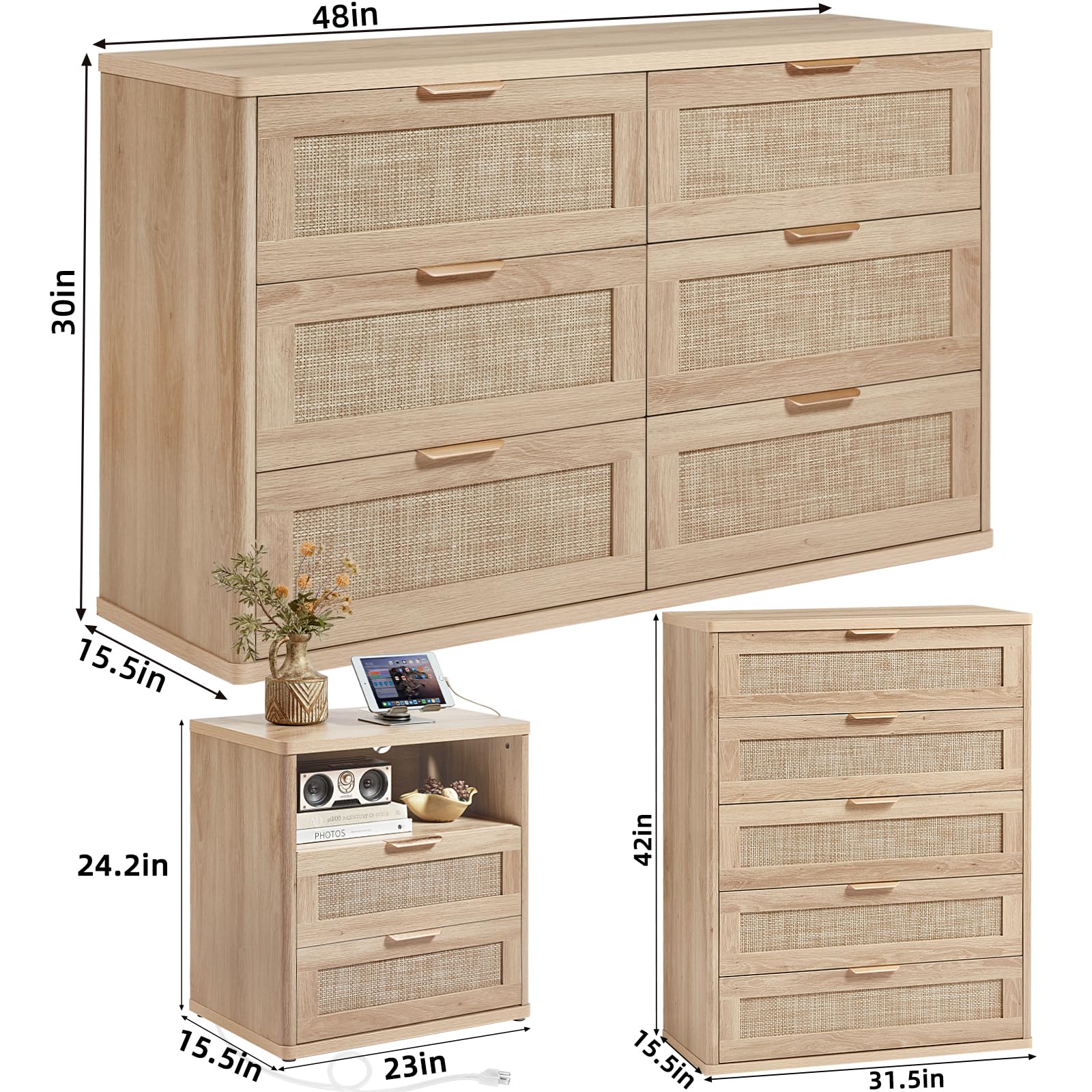 LEYAOYAO Rattan Dresser and Nightstand Set of 3, Boho Wood Dresser for Bedroom with 6 Drawers and Night Stand with Charging Station, Bedroom Furniture, Dressers & Chests of Drawers,Hallway,Living Room