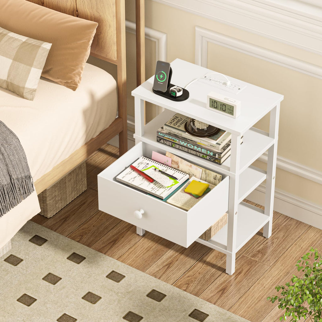 Lerliuo Nightstand with Charging Station and USB Ports, 3-Tier Storage End Table with Drawer Shelf, Night Stand for Small Spaces, Wood Bedside Table for Living Room, Bedroom - Retro Brown…