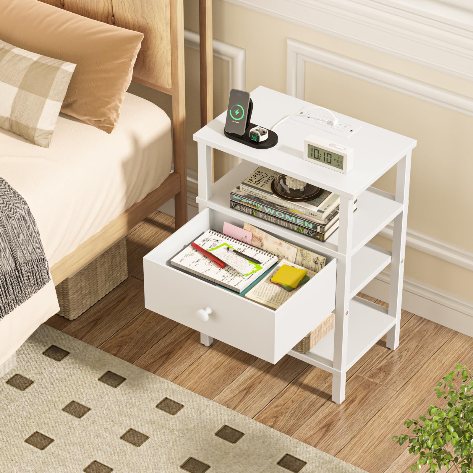 Lerliuo Nightstand with Charging Station and USB Ports, 3-Tier Storage End Table with Drawer Shelf, Night Stand for Small Spaces, Wood Bedside Table for Living Room, Bedroom - Retro Brown…