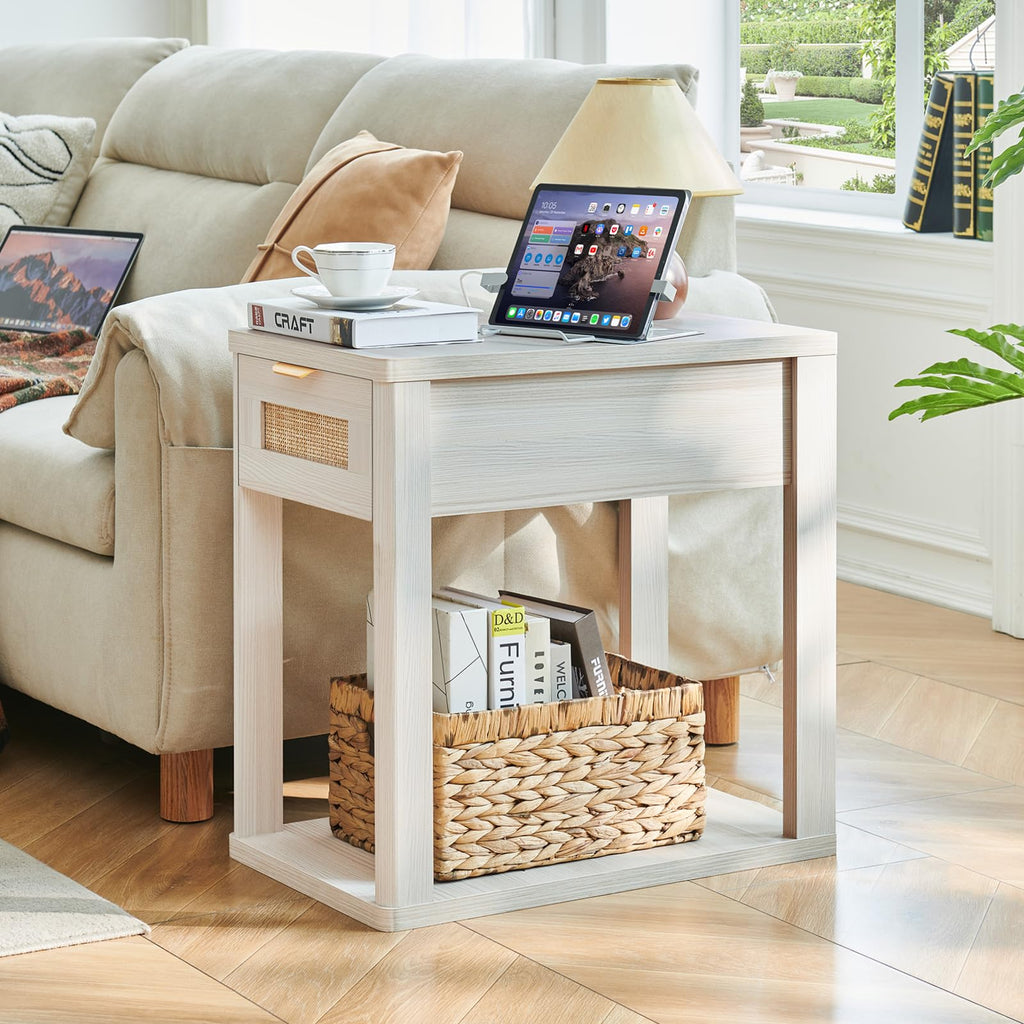 LEYAOYAO Narrow Side Table with Charging Station, Rattan 24 x 14''