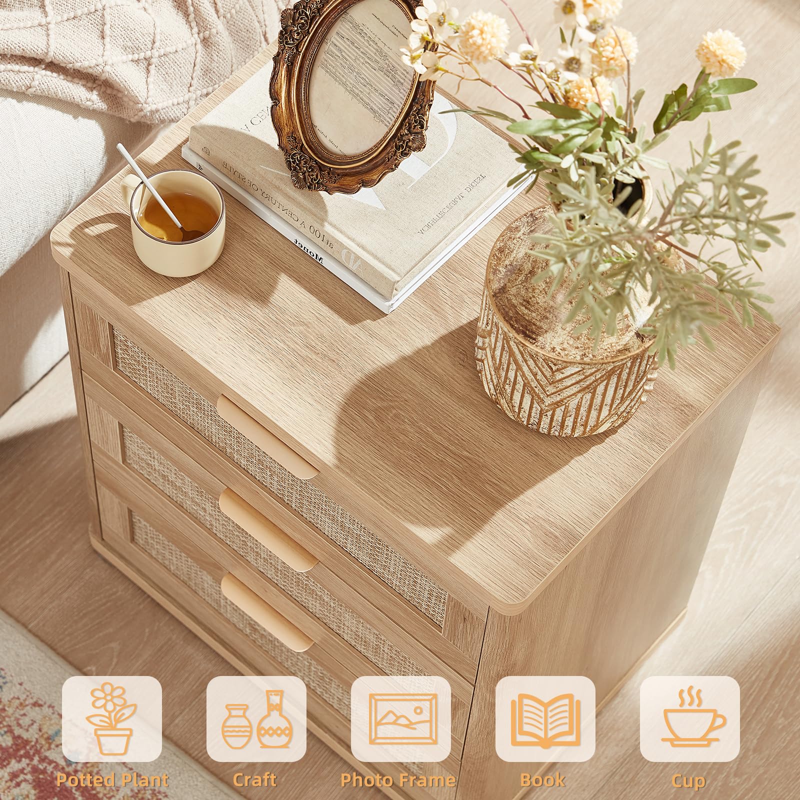 Lerliuo Rattan NightStand with Charger Station, 23" Wide Boho Bedside Table with Drawers, Natural Wood Night Stand Open Storage Cabinet, Bed Side End Table Dresser for Living Room, Hallway, Bedroom