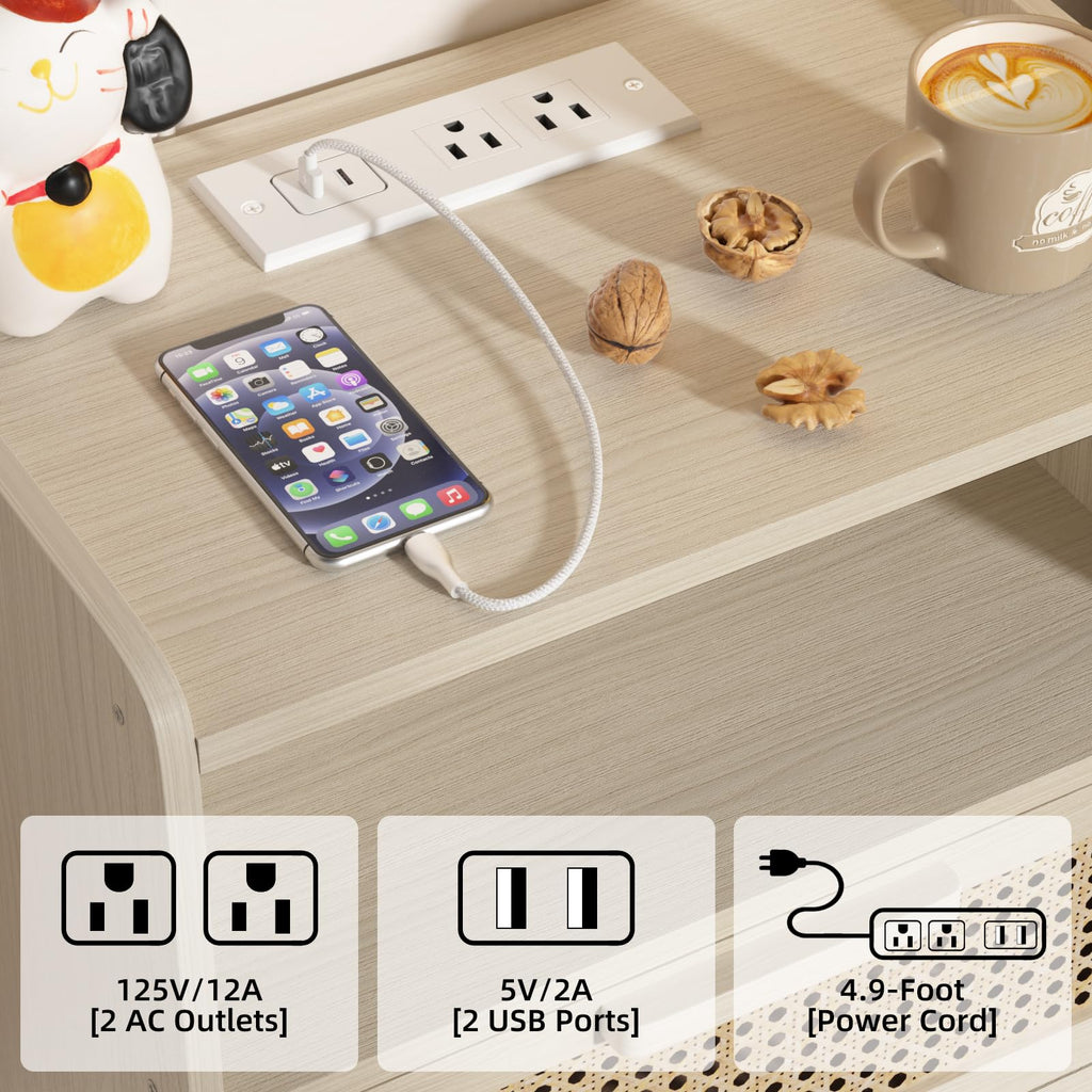 Lerliuo Rattan Nightstand with Charging Station, Boho Night Stand