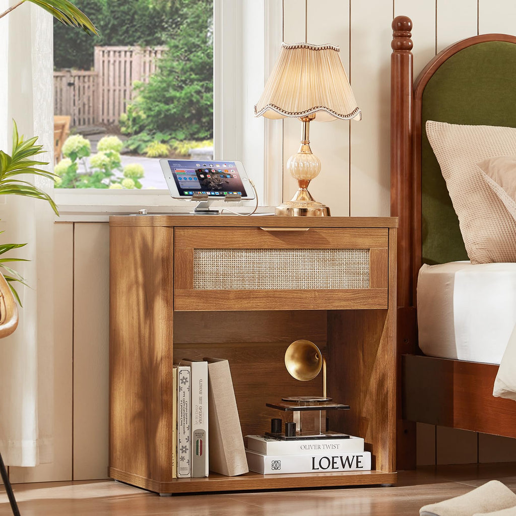 Lerliuo Rattan NightStand with Charger Station, 23" Wide Boho Bedside Table with Drawers, Natural Wood Night Stand Open Storage Cabinet, Bed Side End Table Dresser for Living Room, Hallway, Bedroom