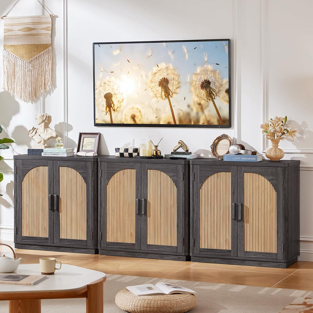 LEYAOYAO Fluted Buffet Cabinet with Storage, 94.5" Coffee Bar Cabinet with 6 Arch Doors & Adjustable Shelves, Mid Century Modern Sideboard, Wood Credenza for Living Room, Kitchen, Darkgrey