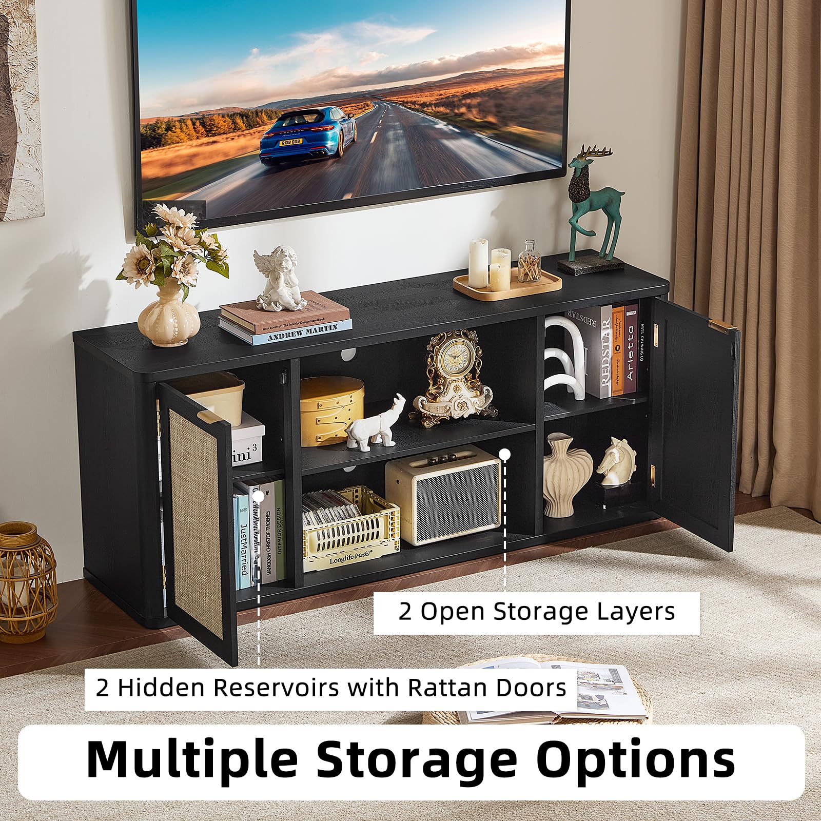 LEYAOYAO Rattan TV Stands for Living Room, Walnut