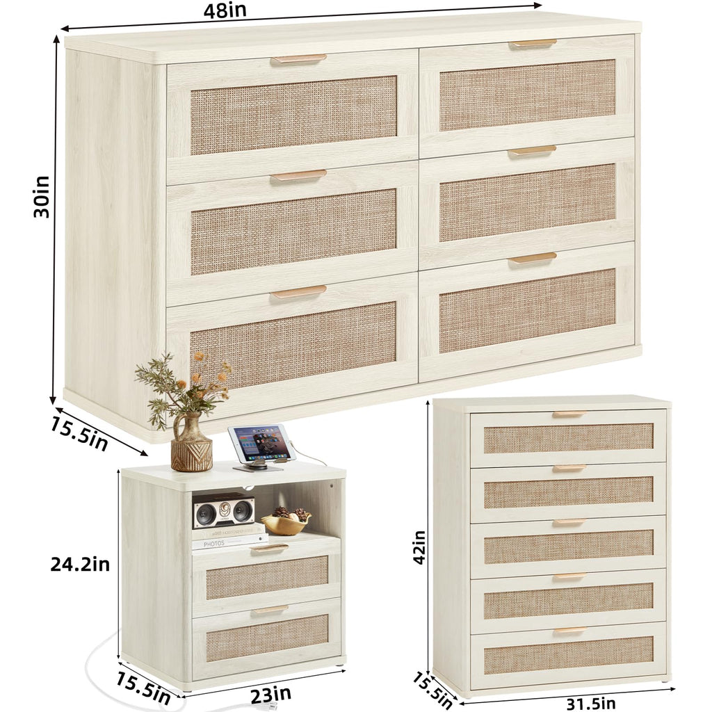 LEYAOYAO Rattan Dresser and Nightstand Sets 4 Piece, Grey White
