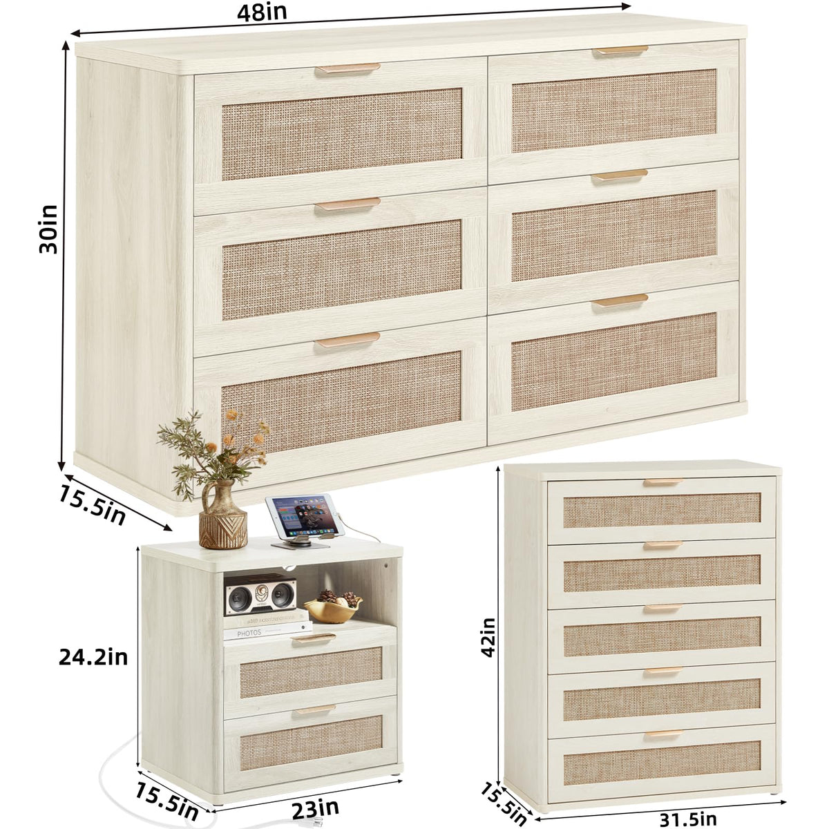 LEYAOYAO Rattan Dresser and Nightstand Sets 4 Piece, Grey White