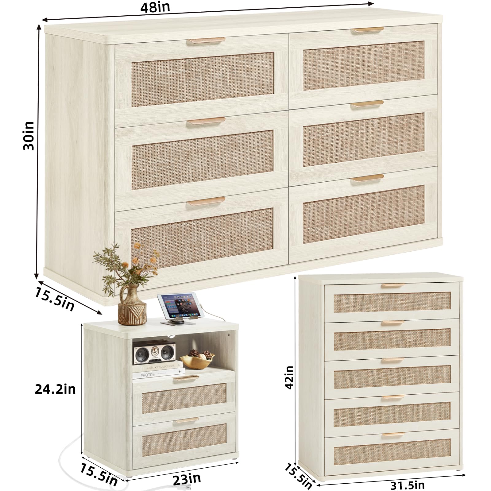 LEYAOYAO Rattan Dresser and Nightstand Sets 4 Piece, Grey White